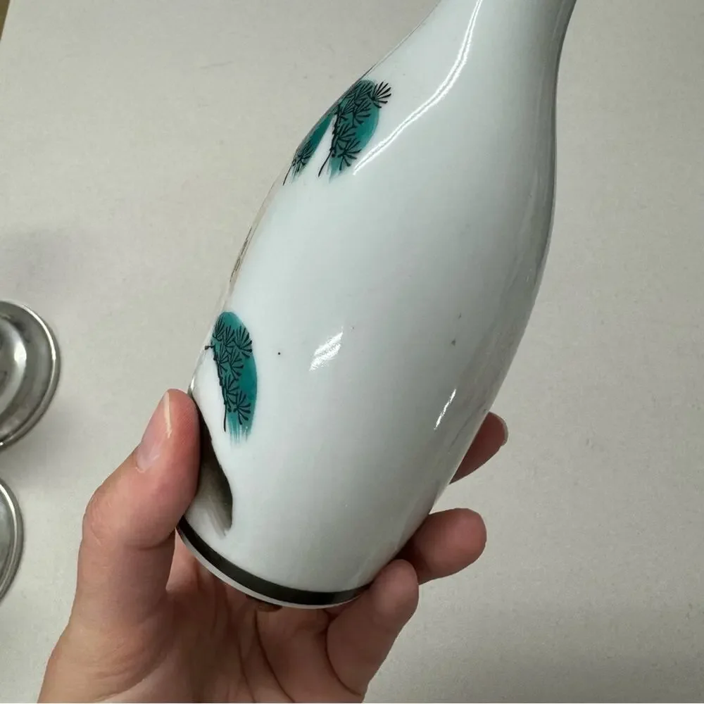 Vintage Japanese Arita Sake Bottle Crane Art Hand Painted Bud Vase 6in - Picture 7 of 10